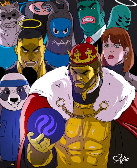 An anime-style illustration featuring a group of colorful characters including a crowned king holding a purple orb, a panda in a blue shirt, a wolf, and other villains arranged in a dramatic composition.