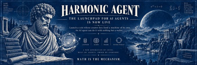 A promotional banner for 'HARMONIC AGENT' describes it as 'THE LAUNCHPAD FOR AI AGENTS IS NOW LIVE,' featuring classical imagery of a Greek philosopher statue holding a glowing orb.