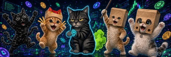 An AI-generated image of five cats with various cyberpunk accessories (a black glitch cat, two cats with paper bag heads, a tabby with neon outline, and an orange cat with a crown) dancing against a digital background of coins and charts, with a 'Grok' watermark.