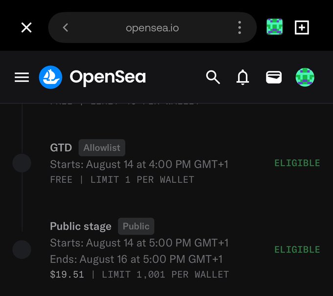 A mobile screenshot of OpenSea (opensea.io) displaying a Divergent NFT mint timeline with two stages: a free GTD Allowlist phase starting August 14 at 4:00 PM GMT+1 (limit 1 per wallet, marked ELIGIBLE), followed by a Public stage starting August 14 at 5:00 PM GMT+1 at $19.51 with a limit of 1,001 per wallet (also marked ELIGIBLE) — confirming the user's eligibility to mint alongside MagnetX.