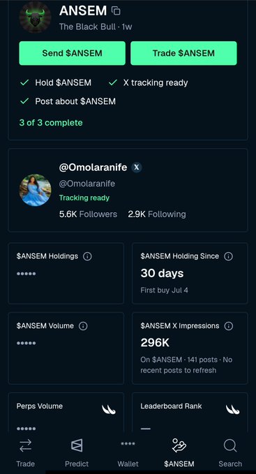 The image shows a mobile app screen displaying the "$ANSEM" token page for user "@Omolaranife," who has been tracking the token for 30 days since their first buy on July 4, with the post celebrating this 30-day milestone as evidence of the project's sustained attention and growing ecosystem.