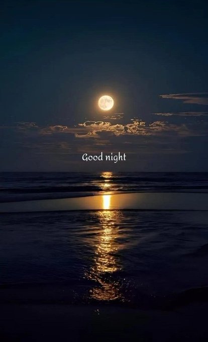 A serene nighttime photograph captures a full moon reflecting golden light across dark ocean waves under a cloudy sky. The phrase 'Good night' is overlaid in white text in the center.