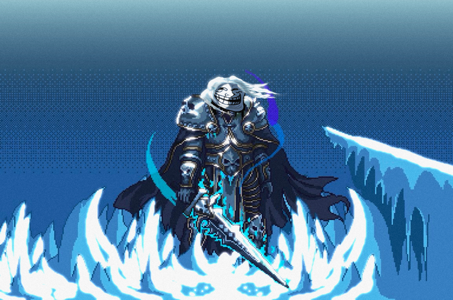 A pixel art style illustration depicts a menacing armored warrior with wild white hair and a wide grin, wielding a glowing cyan sword amidst flames against a blue halftone background, evoking the defiant, unkillable spirit of the meme stock $TROLL referenced in the caption "NEVER FADE."