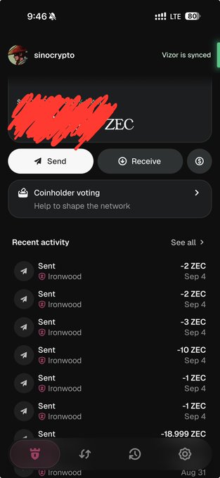 A mobile screenshot of the Vizor wallet showing a ZEC (Zcash) balance with redacted details, featuring "Send" and "Receive" buttons and recent activity listing multiple ZEC transactions to "Ironwood" ranging from -2 to -18.999 ZEC on Sep 4, illustrating permissionless peer-to-peer electronic cash usage via the Vizor wallet as referenced in the post.