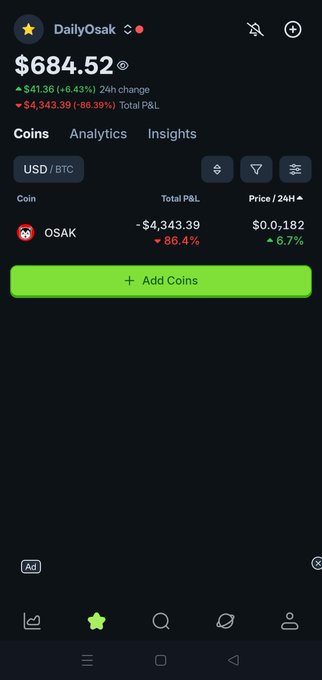 A crypto portfolio app shows the OSAK token (DailyOsak) valued at $684.52, with the user's coin holding showing a total P&L of -$4,343.39 (-86.39%).