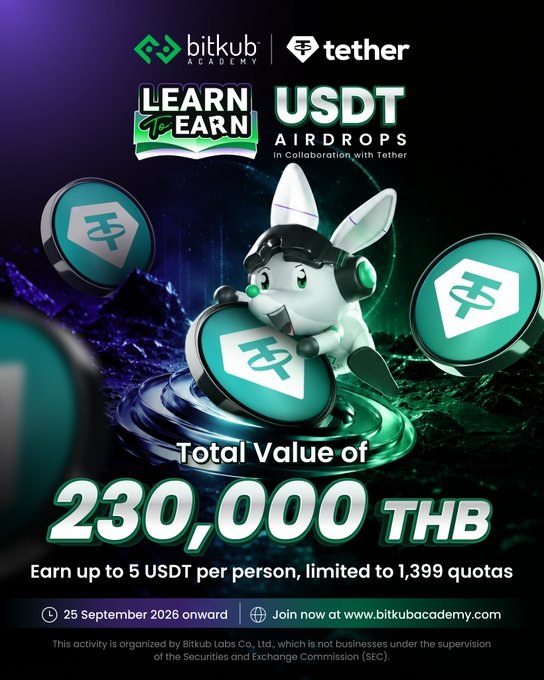 A promotional advertisement for Bitkub Academy and Tether featuring a white rabbit mascot with 'LEARN to EARN USDT AIRDROPS' and a total value of 230,000 THB, offering up to 5 USDT per person.
