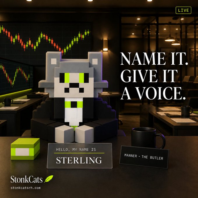 A pixel-art cat character in a suit sits at a desk with a 'HELLO, MY NAME IS STERLING' nameplate and 'MANNER - THE BUTLER' sign, with the text 'NAME IT. GIVE IT A VOICE.' and StonkCats branding (stonkcatsrh.com) in a dimly lit room with a trading chart in the background.