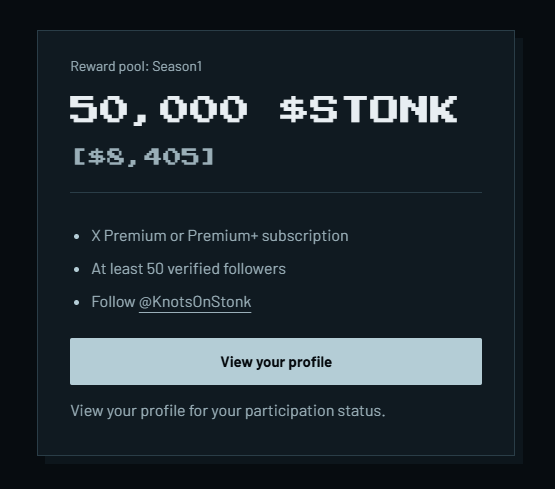 A dark interface panel announcing a 'Reward pool: Season1' of '50,000 $STONK ($8,405)' with requirements including X Premium or Premium+ subscription, at least 50 verified followers, and following @KnotsOnStonk.