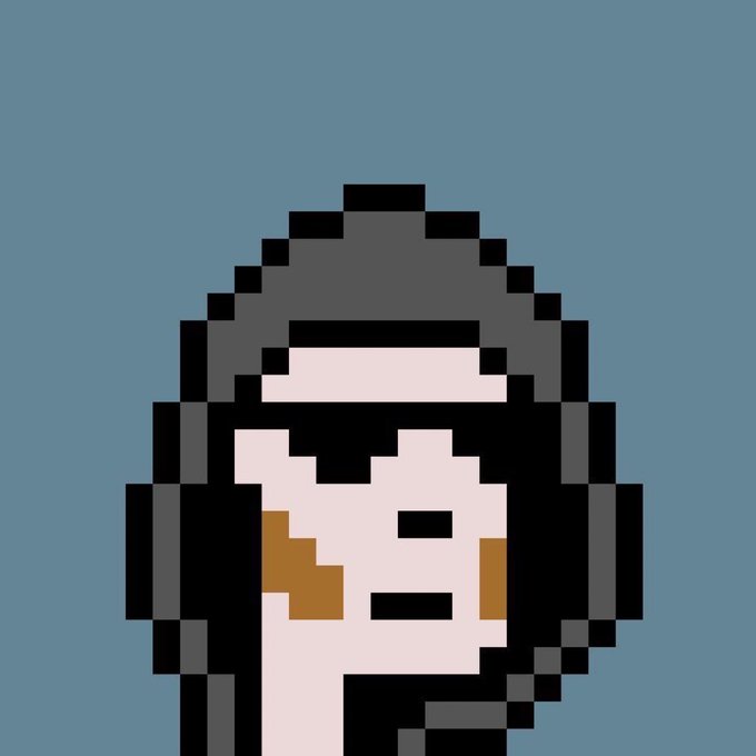 A pixel art portrait of a person with long black hair wearing a dark beanie or hat against a blue-gray background.