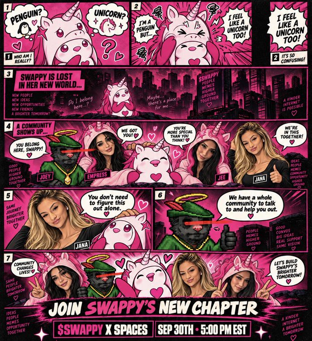 A pink-themed comic strip announcing "JOIN SWAPPY'S NEW CHAPTER" for the $SWAPPY token on X Spaces on September 30th at 5:00 PM EST, featuring characters Joey, Empress, Jee, and Jana.