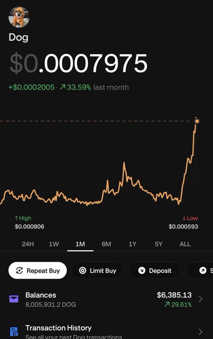 A cryptocurrency app interface displays 'Dog' (DOGE) at $0.0007975, up 33.59% in the last month, with a 1M chart showing a recent spike and a balance of 8,005,931.2 DOG valued at $6,385.13.