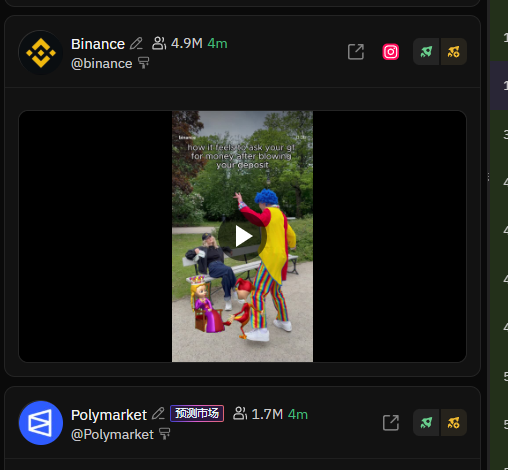 The image shows a video of two people dressed up as clowns, with one person wearing a yellow outfit and the other wearing a red outfit. The video has been posted on social media, possibly by someone named Binance. The post includes a link to the video for viewers to watch it.