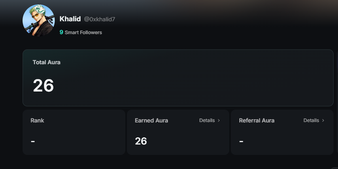 A dark-themed digital dashboard for a user named 'Khalid' (@0xkhalid7) showing '9 Smart Followers' and a 'Total Aura' score of '26'.