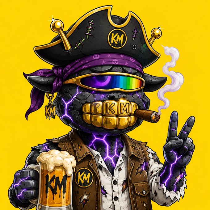 A cartoon illustration of a purple-skinned pirate character with a gold skull, pirate hat with 'KM' logo, rainbow sunglasses, gold grills with 'KM' teeth, holding a beer mug and smoking a cigar against a yellow background.