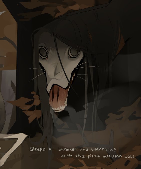 A dark, eerie illustration of a pale, long-haired figure with wide eyes and an open mouth among leaves, with text reading 'Sleeps all summer and wakes up with the first autumn cold.'