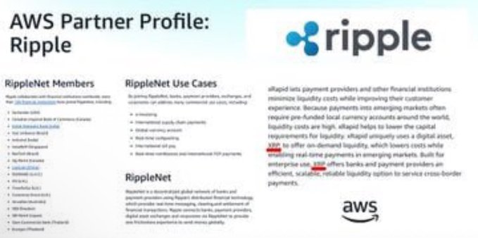An AWS Partner Profile document for Ripple, featuring details about RippleNet Members, RippleNet Use Cases, and RippleNet's role as a decentralized global network for real-time messaging, clearing, and settlement of payments. The image showcases Ripple's (XRP) enterprise partnerships and infrastructure, contextualizing the post's discussion of XRP's market capitalization nearing $100 billion by highlighting its real-world financial adoption and cross-border payment use cases.