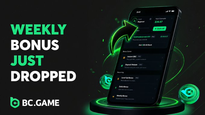 The image is a promotional ad for BC.GAME featuring a smartphone displaying the app's bonus center with a "$34.67" total claimable amount, alongside bold text announcing "WEEKLY BONUS JUST DROPPED," directly supporting the post's call to action for users to claim this week's weekly bonus and join in on the betting excitement.