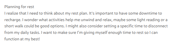 The image shows a passage titled "Planning for rest" discussing the importance of downtime, with the author considering activities like light reading or short walks to unwind and setting aside time to disconnect from daily tasks—fittingly reflecting Sol's daydreaming about a vacation, as the text reads like the beginning of a hypothetical rest plan.