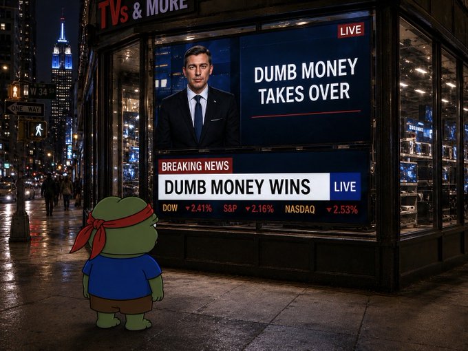 An AI-generated scene showing a cartoon turtle with a red bandana watching a TV store display in New York City; the news screen reads 'DUMB MONEY TAKES OVER' and 'DUMB MONEY WINS' with market indices (DOW +2.41%, S&P +2.16%, NASDAQ +2.53%).