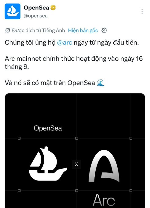 A tweet from OpenSea (@opensea) announcing support for Arc (@arc) from day one, with Arc mainnet launching on September 16 and featuring the OpenSea logo alongside the Arc logo.