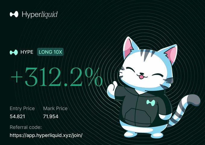 A promotional graphic for Hyperliquid showing a HYPE LONG 10X position with a +312.2% gain, entry price 54.821, mark price 71.954, and a referral link, featuring a cartoon cat mascot in a hoodie.