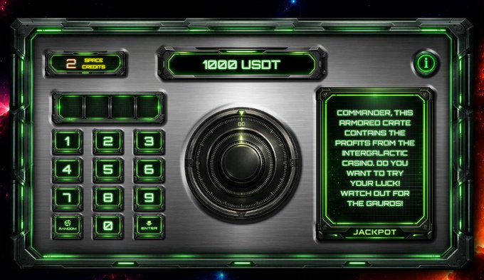 A futuristic green and black holographic interface displays a "1000 USDT" balance with a circular vault dial, numeric keypad, and a message reading "JACKPOT" alongside text teasing an "Armored Crate" with profits from the Intergalactic Casino—visually representing the upcoming crypto gambling game where players pay 2 Space Credits per attempt to crack the vault and win prizes.