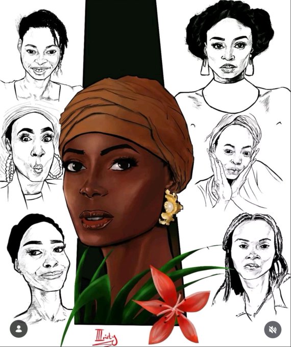 A digital illustration featuring a central colored portrait of a woman wearing a brown headwrap and gold earrings, surrounded by black-and-white sketched portraits of other women, with a red flower and green leaves in the foreground.