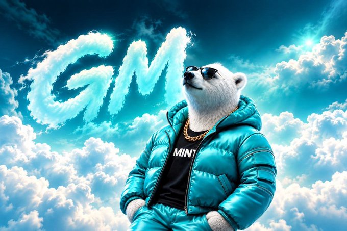 A white bear in sunglasses and a blue puffer jacket stands against a cloudy sky with "GM" written in the clouds, wearing a shirt that reads "MINT" and a gold chain, tying into the post's greeting and reference to the @PlayOnMint ecosystem.