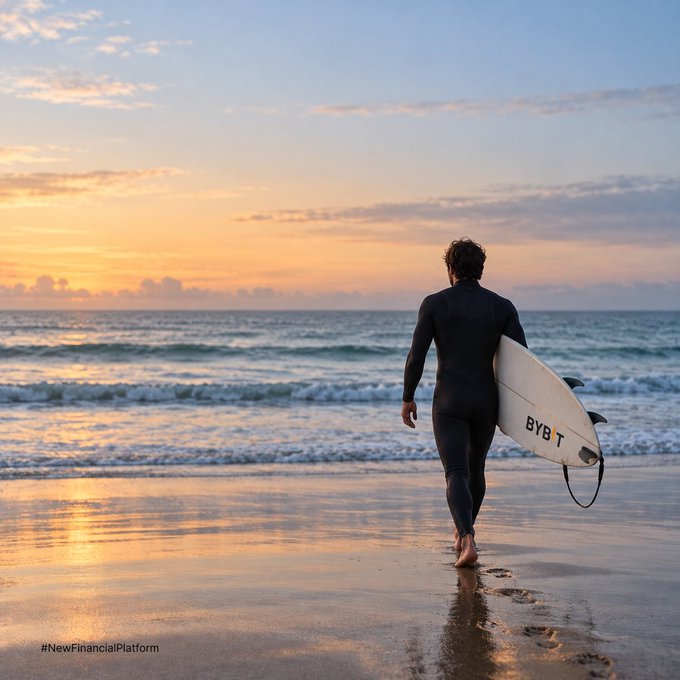 A man in a black wetsuit walks barefoot along a beach at sunset, carrying a white surfboard with 'BYBIT' written on it; text '#NewFinancialPlatform' appears in the corner.