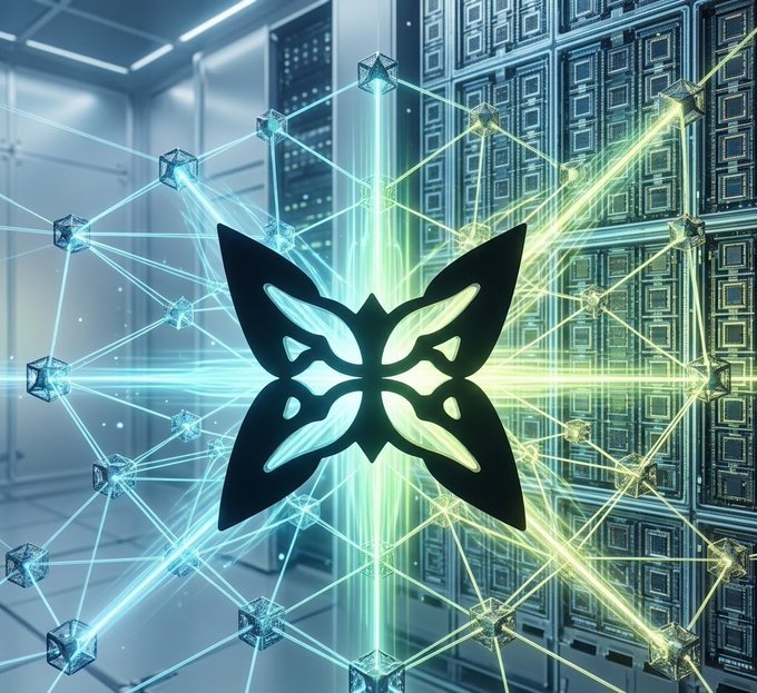 The image features a butterfly graphic design surrounded by numerous blue lines, creating an abstract pattern that resembles a network of interconnected data points or computer servers. The butterfly graphic is positioned centrally within the frame, with its wings spread out as if ready to take flight. The background consists of a series of computer servers and cables, which further emphasize the digital nature of the design. The image also includes text elements related to the post about GM I am truly excited to be working with @quipnetwork They are building the world's first decentralized quantum computer Their mission is to combine quantum power with blockchain to create ultra secure wallets and lightning fast solutions for real world problems It".