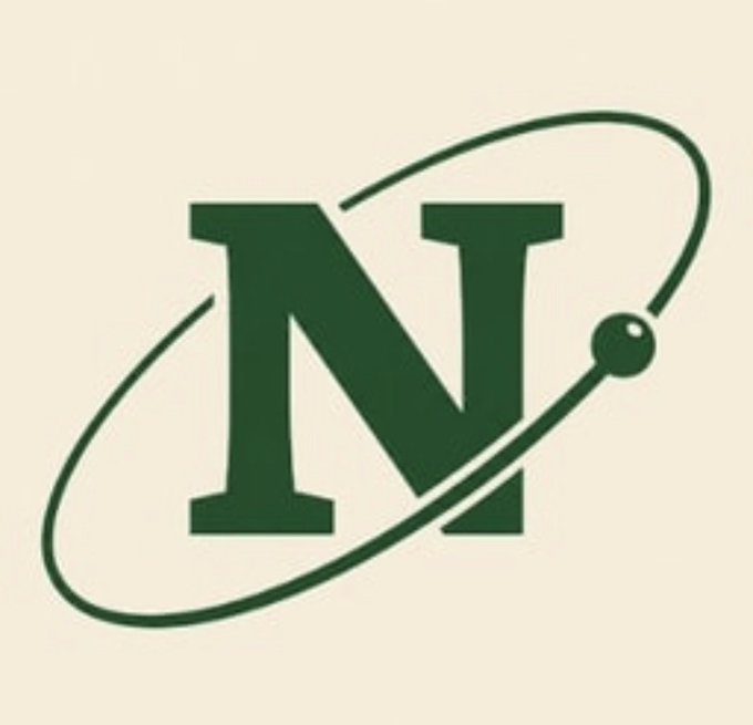 A minimalist logo features a bold green letter "N" enclosed within a continuous oval ring with a small dot, set against a light beige background.