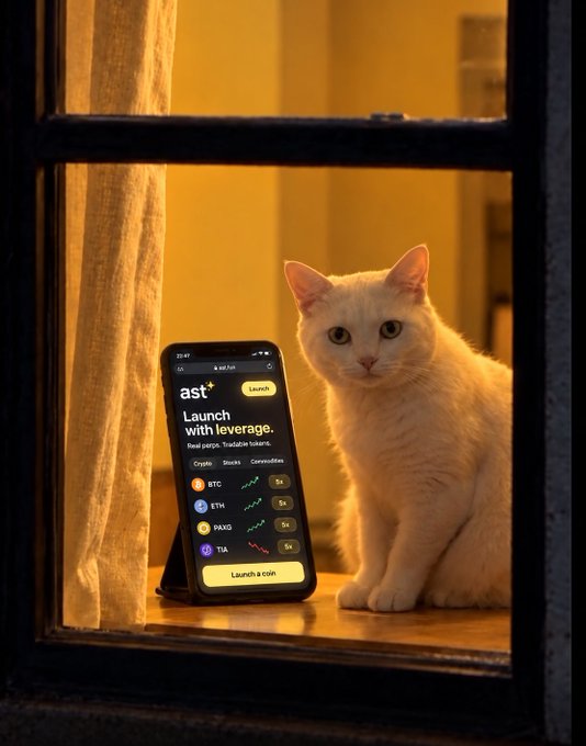 A white cat sitting on a wooden windowsill next to a smartphone displaying a crypto trading app called 'ast+' with a 'Launch with leverage' screen showing tickers like BTC, ETH, PAXG, and TIA, with a 'Launch a coin' button.