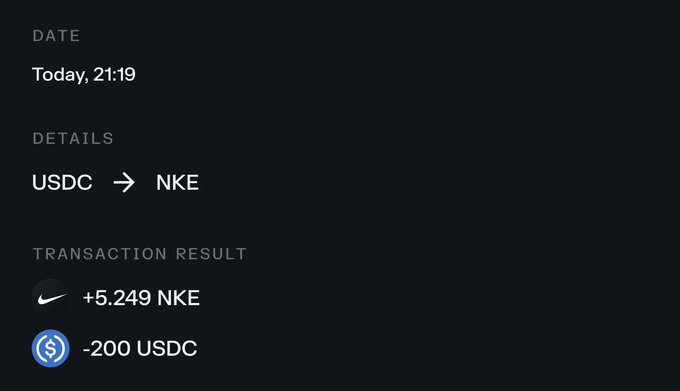A transaction confirmation screen showing 'Today, 21:19' with details of USDC to NKE exchange, resulting in +5.249 NKE received and -200 USDC paid, featuring Nike logos.