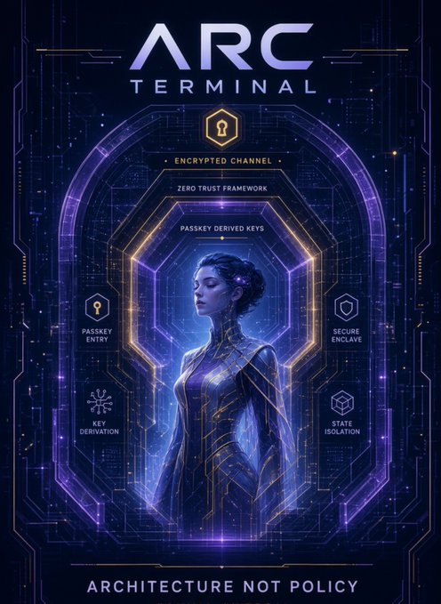 A digital poster titled 'ARC TERMINAL' features a futuristic female figure surrounded by hexagonal tech graphics, with text including 'ENCRYPTED CHANNEL', 'ZERO TRUST FRAMEWORK', 'PASSKEY DERIVED KEYS', 'PASSKEY ENTRY', 'SECURE ENCLAVE', 'KEY DERIVATION', 'STATE ISOLATION', and 'ARCHITECTURE NOT POLICY'.