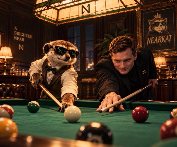 A meerkat wearing sunglasses and a bow tie plays pool against a man in a dark jacket, in an upscale billiards room branded with "NEARKAT" signage and the slogan "A BRIGHTER NEAR."