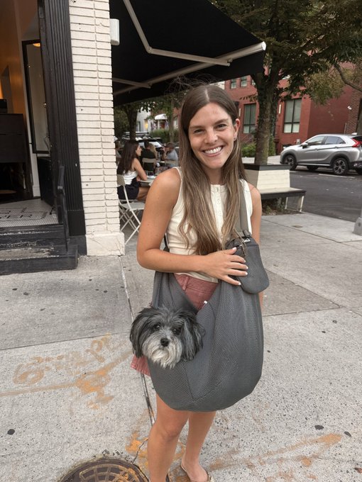 A smiling woman with long brown hair standing on a city sidewalk carrying a small black and grey dog in a grey mesh tote bag.