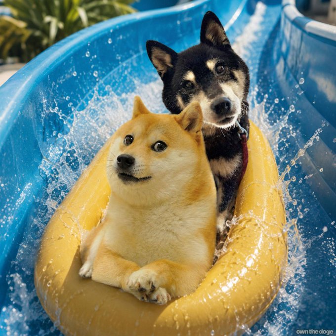 Two dogs, a black-and-tan Shiba Inu-type dog and a yellow Shiba Inu, riding together in a yellow inflatable inner tube down a blue water slide, watermarked 'own the dogs'.