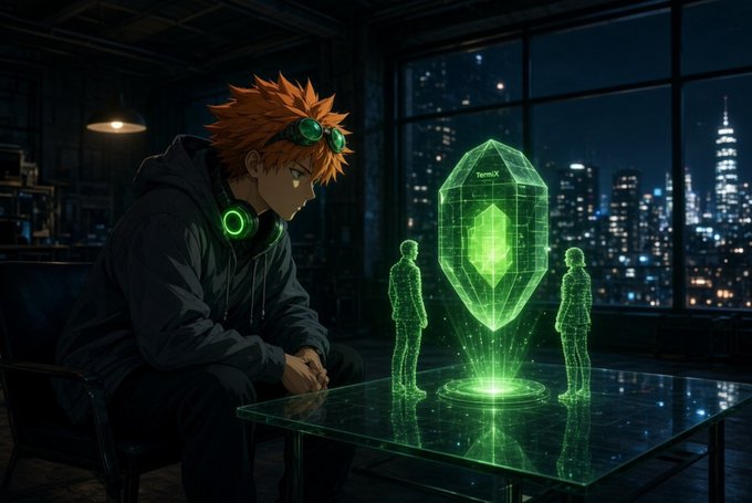 An anime-style illustration of a young man with orange hair and green headphones sitting in a dark room, looking at a glowing green holographic gem projecting two human silhouettes on a glass table.
