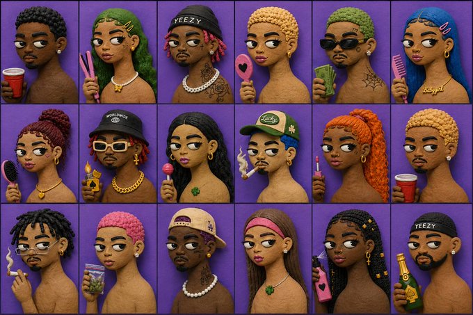 A grid of 18 stylized 3D-rendered portraits featuring characters with colorful hair and various accessories like "YEEZY" and "WORLDWIDE" caps, combs, cups, and bottles, set against a purple background. This is the debut NFT clay art collection by @inkonchain, with the post announcing the upcoming mint launch.