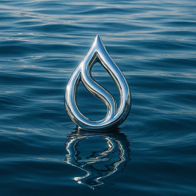 A photorealistic image of a silver/chrome Sui (SUI) cryptocurrency logo shaped like a water droplet, floating above rippling blue water with its reflection visible below.