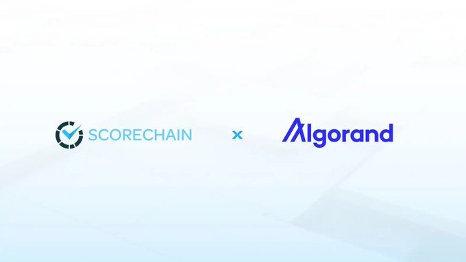 The image displays a partnership announcement graphic featuring the Scorechain logo alongside the Algorand logo, separated by an "x" symbol on a light gradient background. The visual reinforces the post's message by highlighting the collaboration between Scorechain's compliance infrastructure and the Algorand blockchain for supporting ALGO and ASA assets.