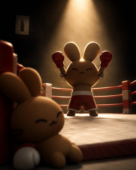 A plush bunny wearing red boxing gloves stands victorious in a spotlighted boxing ring, raising its arms in triumph while a defeated bunny lies on the floor nearby. The image visually represents the post's theme of a mystery stock being a long-held, unshakeable champion—much like Warren Buffett's consistent holding of a stock since 1988 without ever selling a share.