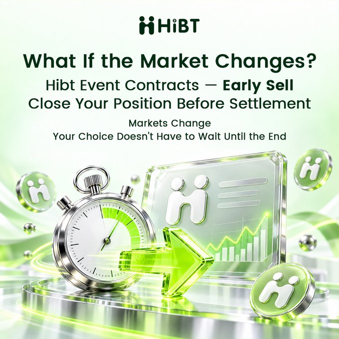 A HiBT promotional graphic titled 'What If the Market Changes?' promoting early sell options on Hibt Event Contracts, featuring a stopwatch, an upward arrow, and green coins.