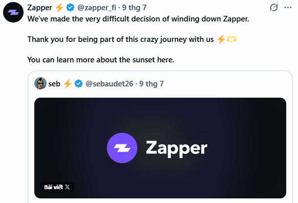 A screenshot of a tweet from Zapper (@zapper_fi) announcing they are winding down the platform, thanking users for the journey, with a quoted retweet from the CEO @sebaudet26.