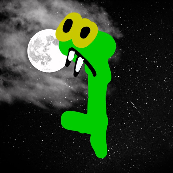 A crudely drawn green figure with large yellow eyes and a black mouth stands against a black-and-white night sky featuring a full moon.