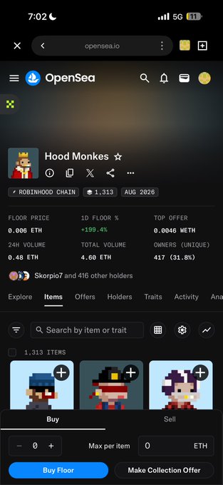 A screenshot of the OpenSea NFT marketplace displays the "Hood Monkes" collection on Robinhood Chain, priced at a 0.006 ETH floor with 1,313 items and a +199.4% 1D floor increase, showing pixel-art character NFTs being bought or sold. The image supports the post by showing the user browsing or trading a profitable NFT collection called Hood Monkes, illustrating their interest in NFT investing.