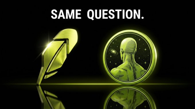 A black background image with golden graphics showing a quill pen and a coin featuring an astronaut's silhouette, with the text 'SAME QUESTION.' at the top.