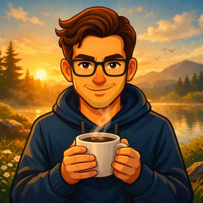 An illustrated portrait of a smiling young man with glasses and a blue hoodie holding a steaming mug of coffee, set against a serene sunset lake background.