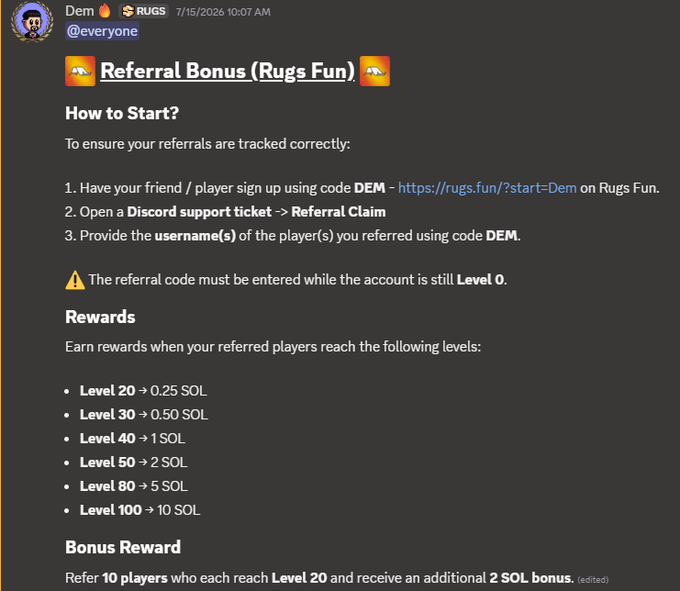 A Discord message from user "Dem" in the "RUGS" channel details a referral bonus program for "Rugs Fun," outlining a tiered reward structure where users earn between 0.25 and 10 SOL based on the level milestones (Level 20 to Level 100) reached by their referred players. The post supports the accompanying caption by showcasing the specific earning potential and the 10 SOL bonus for referring 10 players who reach Level 20.