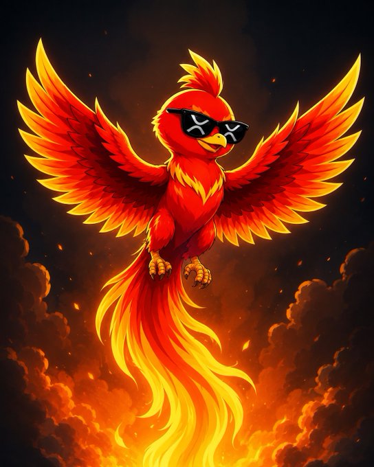 A fiery red phoenix with outstretched wings rises from flames, wearing cool sunglasses that read "X" on the lenses, embodying the meme's message of resilience and unstoppable rise tied to the $PHNIX token. The sunglasses' "X" likely references the X social media platform, reinforcing the token's branding as a symbol of strength and comeback.
